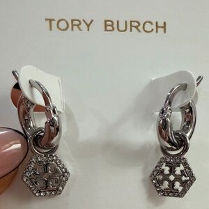 Tory Burch Silver Hexagon Pavé Huggie Hoop Earrings - NWT